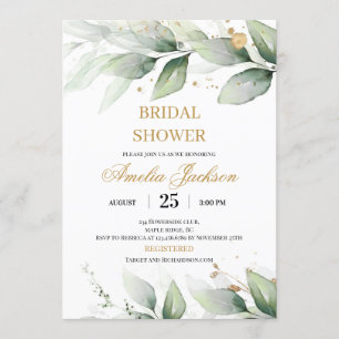 Greenery eucalyptus and gold sparkles bridal invitation
