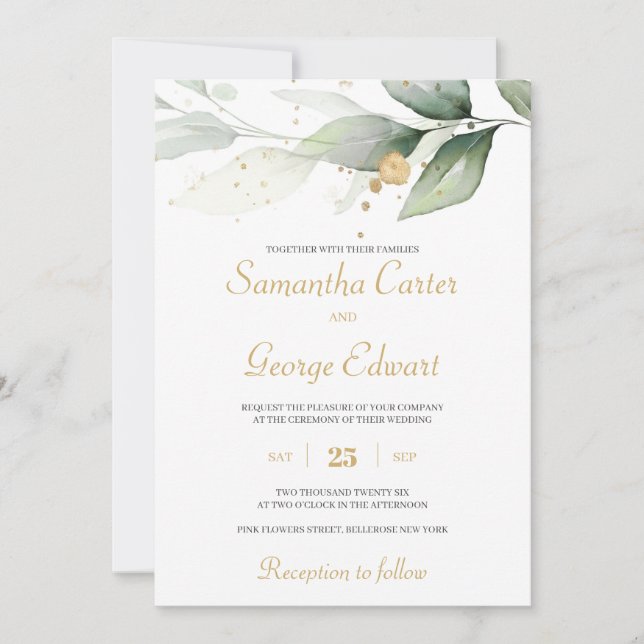 Greenery eucalyptus and gold splashes boho wedding invitation (Front)