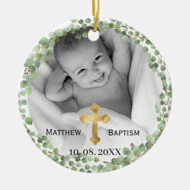Greenery Eucalyptus Baby Baptism Photo Ceramic Ornament (Front)