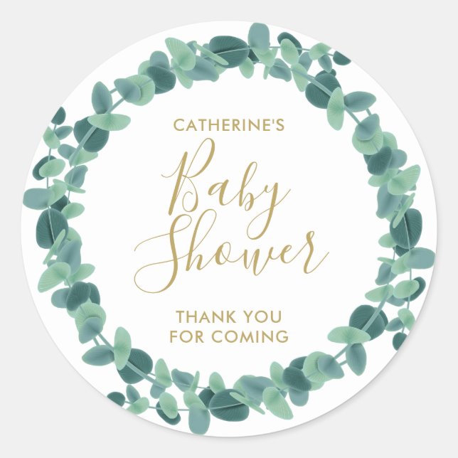 Greenery Eucalyptus Baby Shower Classic Round Sticker (Front)