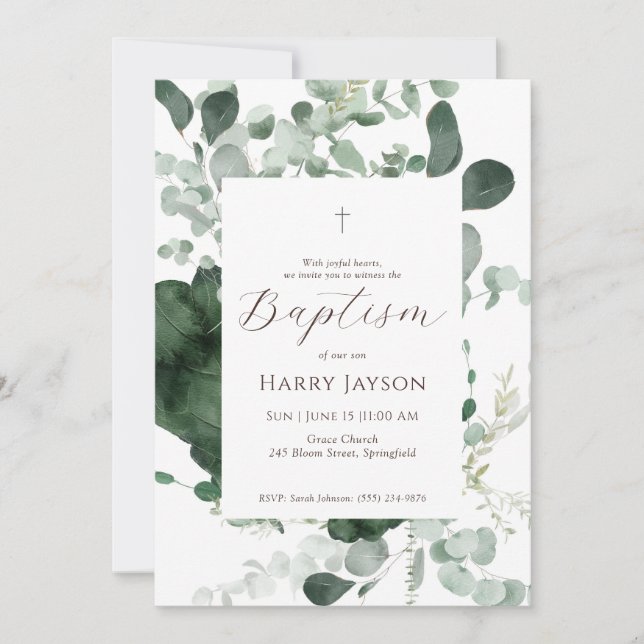 Greenery Eucalyptus Baptism Invitation (Front)