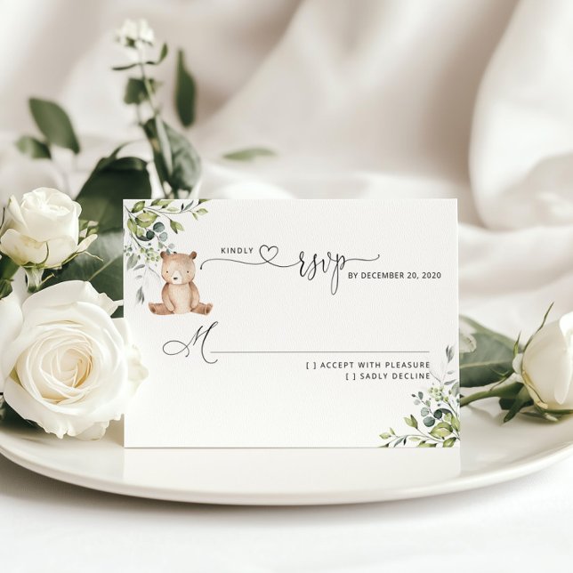 Greenery eucalyptus bear baby shower RSVP  Card (Creator Uploaded)