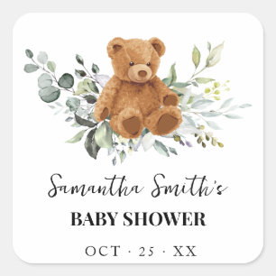 Greenery Eucalyptus Bear Baby Shower Square Sticker