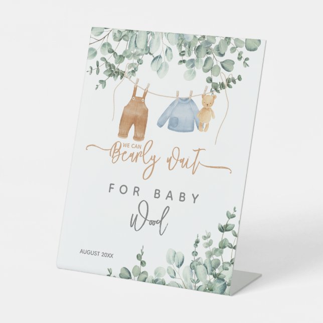 Greenery eucalyptus Bearly wait Baby Shower Welcom Pedestal Sign (Front)