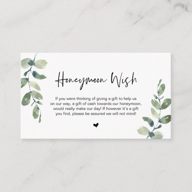 Greenery Eucalyptus, Black Font, Honeymoon Wish Enclosure Card (Front)