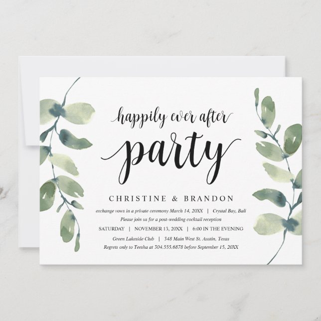 Greenery Eucalyptus,  Black Ink, Wedding Elopement Invitation (Front)