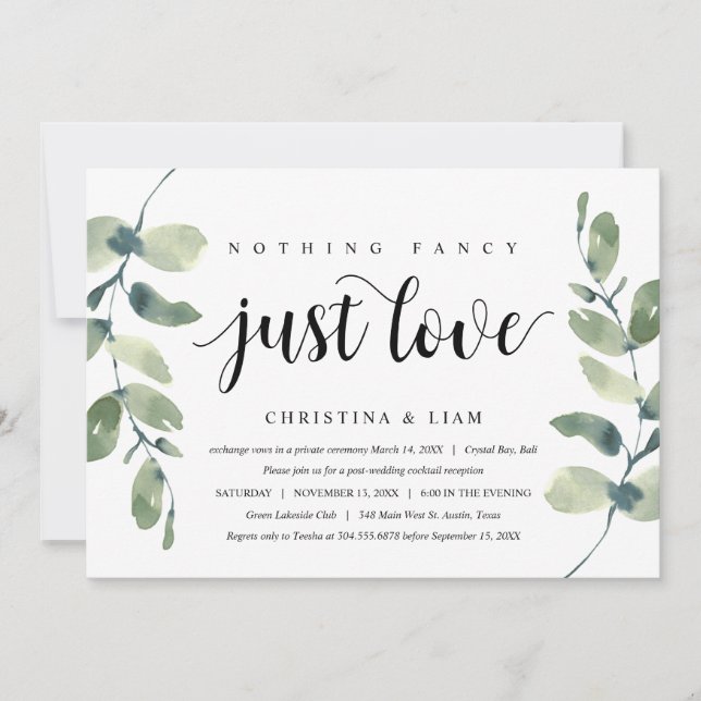 Greenery Eucalyptus,  Black Ink, Wedding Elopement Invitation (Front)