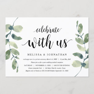 Greenery Eucalyptus,  Black Ink, Wedding Elopement Invitation