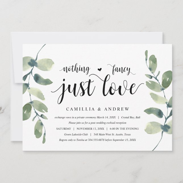 Greenery Eucalyptus,  Black Ink, Wedding Elopement Invitation (Front)