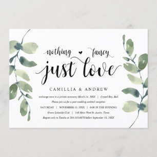 Greenery Eucalyptus,  Black Ink, Wedding Elopement Invitation