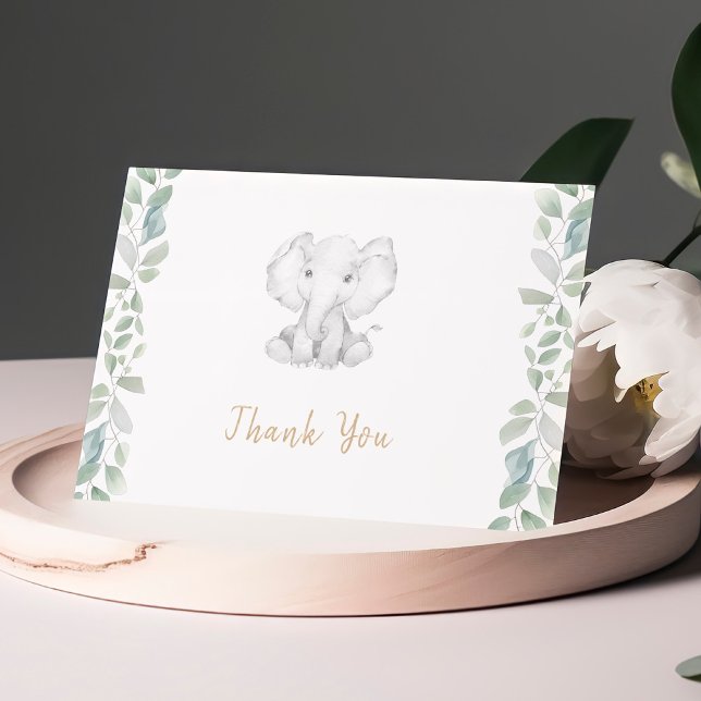 Greenery Eucalyptus Cute Elephant Baby Shower Thank You Card (Creator Uploaded)