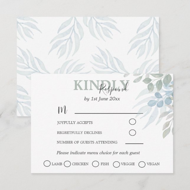 Greenery Eucalyptus Dusty Blue Wedding RSVP (Front/Back)