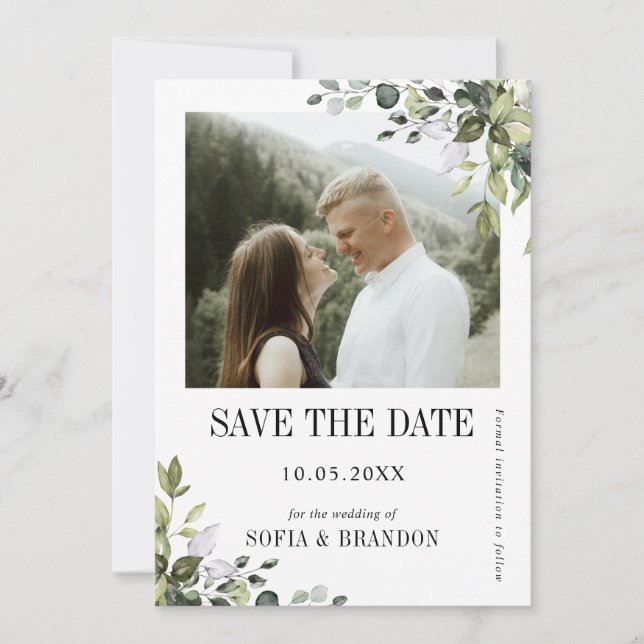 Greenery Eucalyptus Emerald Rustic Wedding Photo Save The Date (Front)