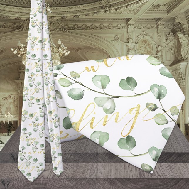 Greenery Eucalyptus & Fancy Gold Writing Wedding Tie (Creator Uploaded)