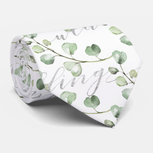 Greenery Eucalyptus & Fancy Silver Writing Wedding Tie