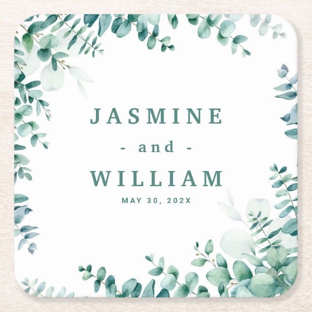 Greenery Eucalyptus  Frameborder Wedding Square Paper Coaster (Front)