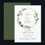 Greenery Eucalyptus Geometric Frame Save the Date  Invitation<br><div class="desc">This elegant and customizable Save the Date features an geometric gold frame adorned with moody watercolor eucalyptus leaves & has been paired with a whimsical calligraphy and a classy serif font in gold and grey. To make advanced changes,  please select "Click to customize further" option under Personalize this template.</div>