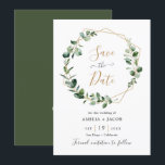 Greenery Eucalyptus Geometric Frame Save the Date  Invitation<br><div class="desc">This elegant and customizable Save the Date features an geometric gold frame adorned with moody watercolor eucalyptus leaves & has been paired with a whimsical calligraphy and a classy serif font in gold and grey. To make advanced changes,  please select "Click to customize further" option under Personalize this template.</div>