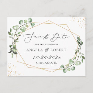 Greenery Eucalyptus Geometric Frame Save the Date Postcard