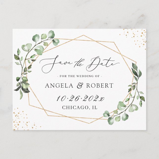 Greenery Eucalyptus Geometric Frame Save the Date Postcard (Front)