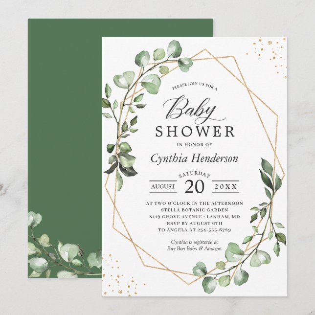 Greenery Eucalyptus Geometric Neutral Baby Shower Invitation (Front/Back)