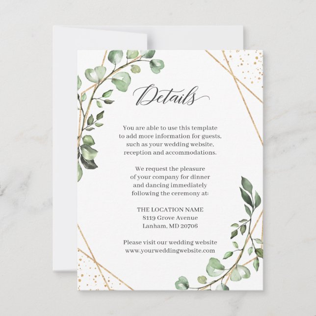 Greenery Eucalyptus Geometric Wedding Details Card (Front)