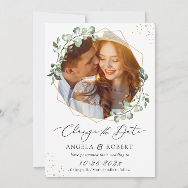 Greenery Eucalyptus Geometric Wedding Postponed Save The Date (Front)