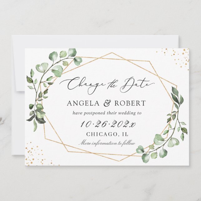 Greenery Eucalyptus Geometric Wedding Postponed Save The Date (Front)