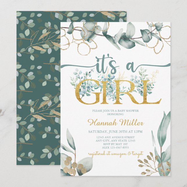 Greenery Eucalyptus |  Girl Baby Shower Watercolor Invitation (Front/Back)