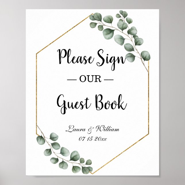 Greenery Eucalyptus Glitter Wedding Guestbook Sign (Front)