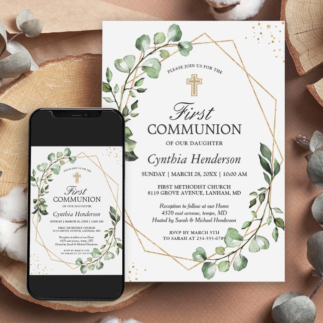 Greenery Eucalyptus Gold Geometric First Communion Invitation (Creator Uploaded)