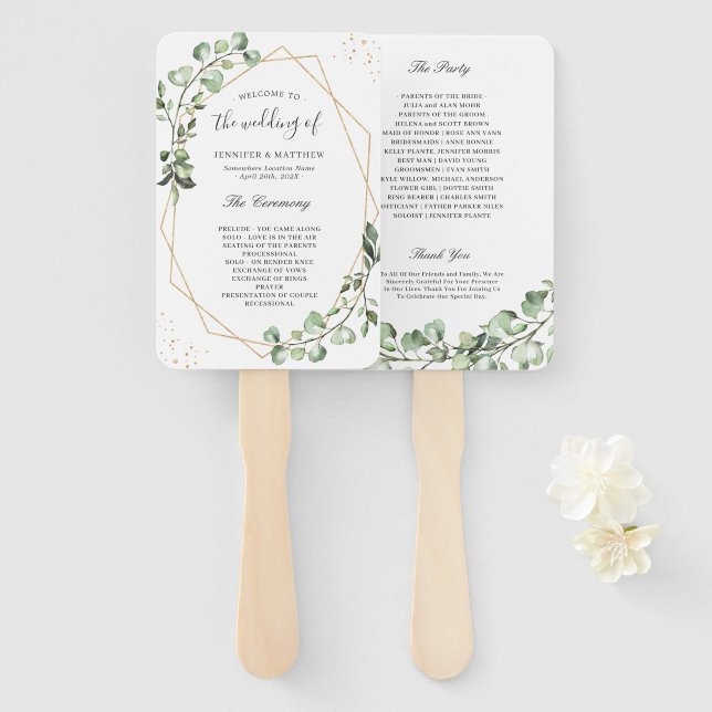 Greenery Eucalyptus Gold Geometric Wedding Program Hand Fan (Front and Back)
