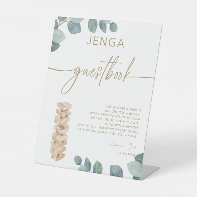 Greenery Eucalyptus Gold Jenga Guest Book Wedding Pedestal Sign (Front)