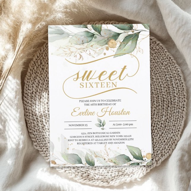 Greenery eucalyptus gold leaves boho sweet sixteen invitation (Greenery eucalyptus gold leaves boho sweet sixteen invitation)