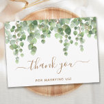 Greenery Eucalyptus Gold Script Wedding Officiant  Thank You Card<br><div class="desc">Thank You for marrying us! Show your appreciation to your wedding officiant with these modern yet rustic eucalyptus greenery, elegant thank you cards. These rustic yet elegant wedding thank you cards feature watercolor eucalyptus greenery leaves, delicate gold script on white. Customize these wedding thank you cards with your personal message....</div>