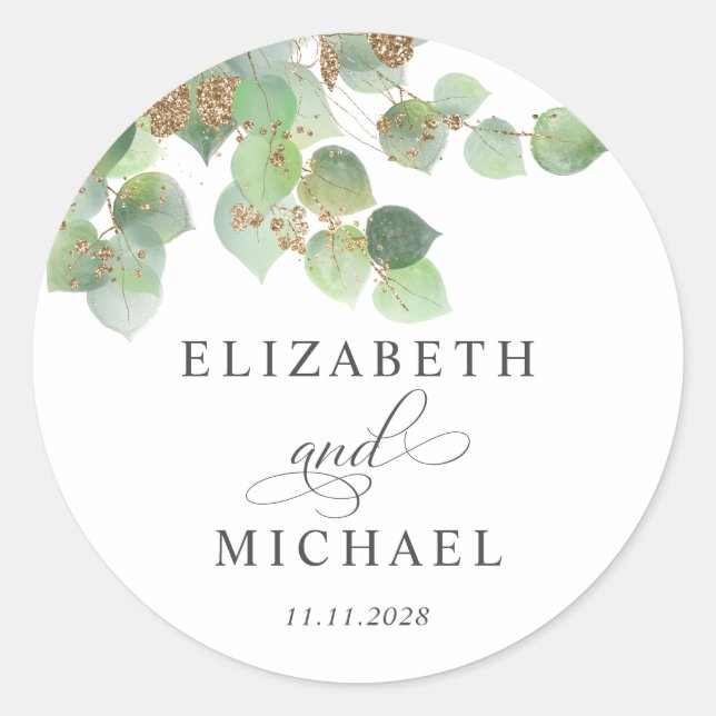 Greenery Eucalyptus Gold Watercolor Wedding Classic Round Sticker (Front)
