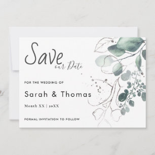 GREENERY EUCALYPTUS GREEN WATERCOLOR SAVE OUR DATE ANNOUNCEMENT