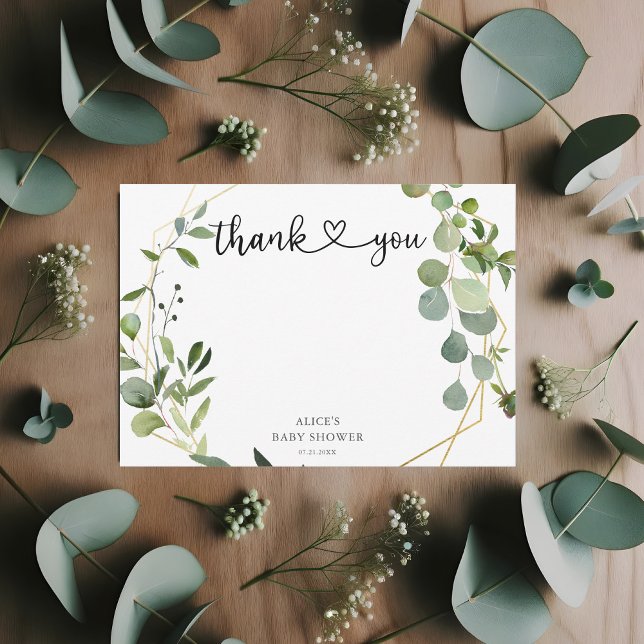 Greenery Eucalyptus Heart Script Baby Shower Thank You Card (Creator Uploaded)