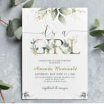 Greenery Eucalyptus It's a Girl Baby Shower Invitation<br><div class="desc">This beautiful design features eucalyptus leaves and gold typography. On the back side,  gold and green eucalyptus leaves on a green background make the front side stand out more.
Personalize with your information or click "Click to customize further" to edit font styles,  size and colours.</div>