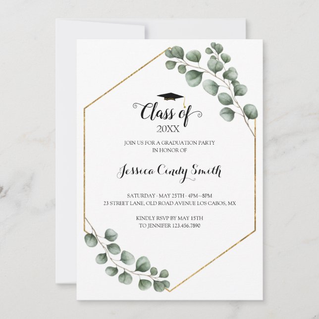 Greenery Eucalyptus Leaf Frame Photo Graduation Invitation (Front)