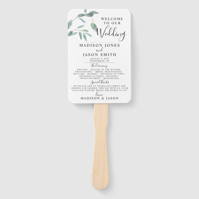 Greenery Eucalyptus Leaf Simple Wedding Program Hand Fan (Front)
