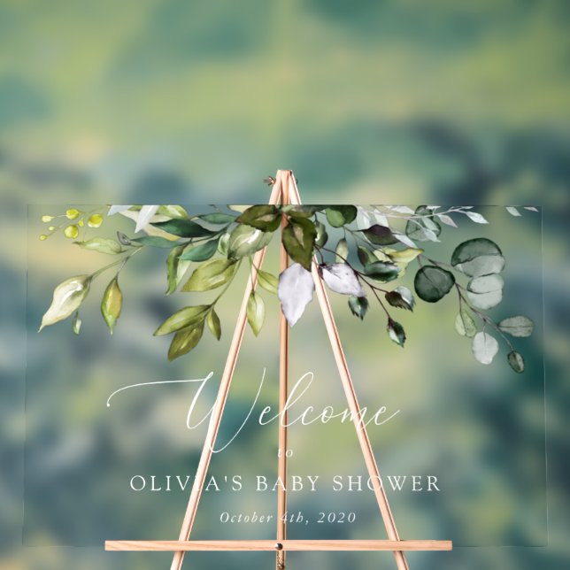 Greenery, Eucalyptus Leaves, Baby Shower Welcome Acrylic Sign (Neutral)