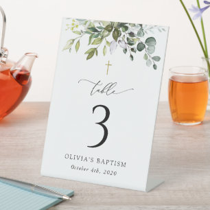 Greenery, Eucalyptus Leaves, Baptism Table Numbers Pedestal Sign