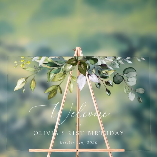 Greenery, Eucalyptus Leaves, Birthday Welcome Acrylic Sign (Neutral)