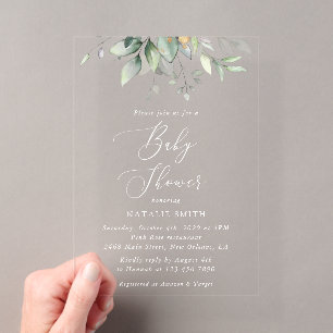 Greenery, Eucalyptus Leaves, Boho, Baby Shower Acrylic Invitations