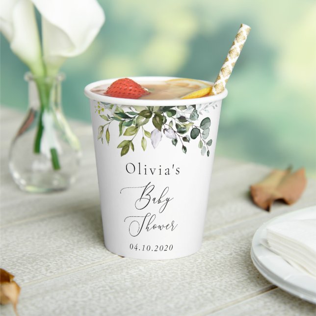 Greenery, Eucalyptus Leaves, Boho, Baby Shower Paper Cups (Insitu)