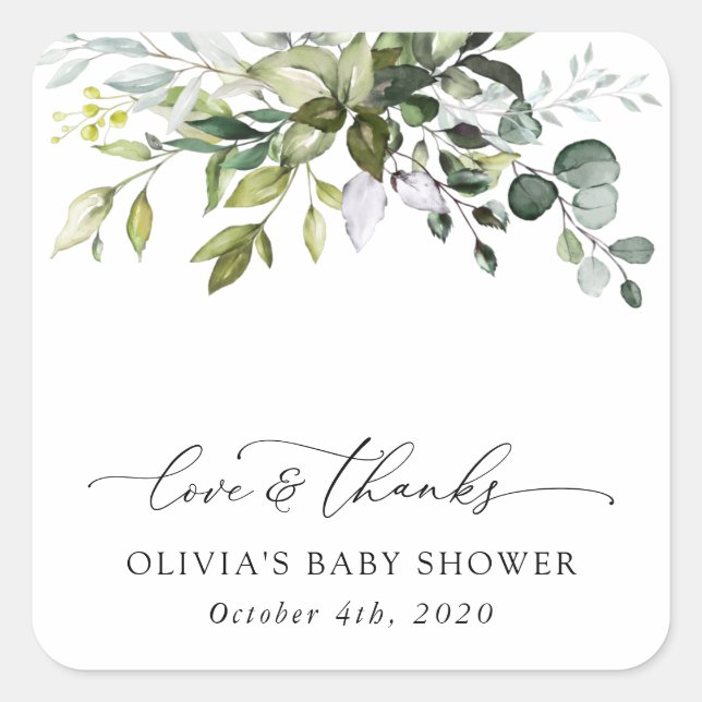 Greenery, Eucalyptus Leaves, Boho, Baby Shower Square Sticker (Front)