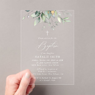 Greenery, Eucalyptus Leaves, Boho, Baptism Acrylic Invitations
