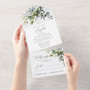 Greenery, Eucalyptus Leaves, Boho, Baptism All In One Invitation