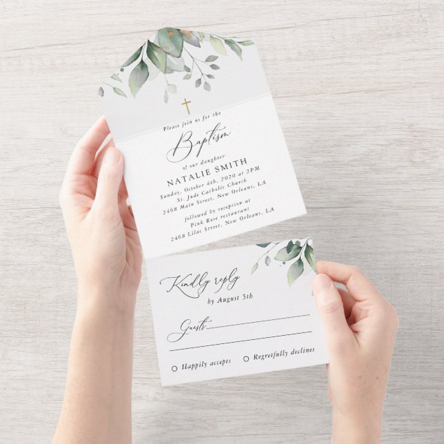 Greenery, Eucalyptus Leaves, Boho, Baptism All In One Invitation (Tearaway)